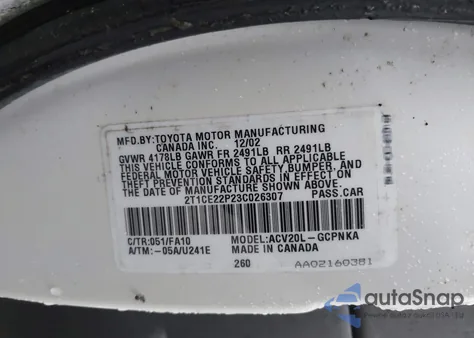 2003 Toyota Camry Solara Se z USA, uszkodzony, nr VIN 2T1CE22P23C026307
